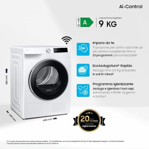 Samsung Asciugatrice AI Control DV90DG6845LE/U3, 9 kg, Pompa di Calore, Wifi, AI Dry+, Air Wash, Tecnologia Optimal Dry, Carica Frontale, 60L x 85H x 60P cm - Prova pratica