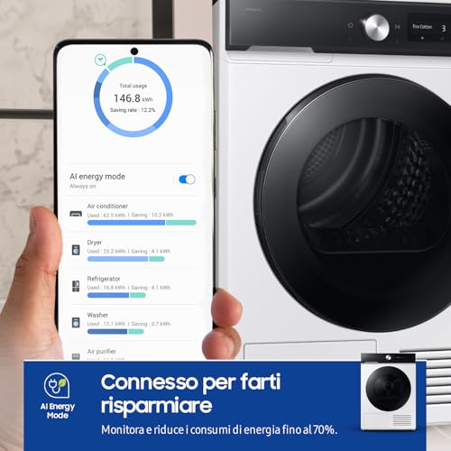 Samsung Asciugatrice Bespoke AI DV90DB7845GE/U3, 9 kg, Pompa di Calore, Wifi, QuickDrive, AI Dry, Sensore Optimal Dry, Display AI Control, Carica Frontale, 60L x 85H x 60P cm - Funzionalità e accessori