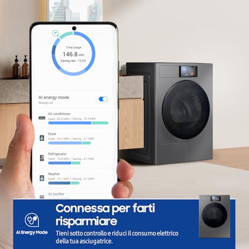 Samsung Asciugatrice Bespoke AI DV90F09F4S/U3, 9 kg, Pompa di Calore, Wifi, Controllo Vocale, Display AI Home, AI Dry, Carica Frontale, 60L x 85H x 60P cm - Funzionalità e accessori