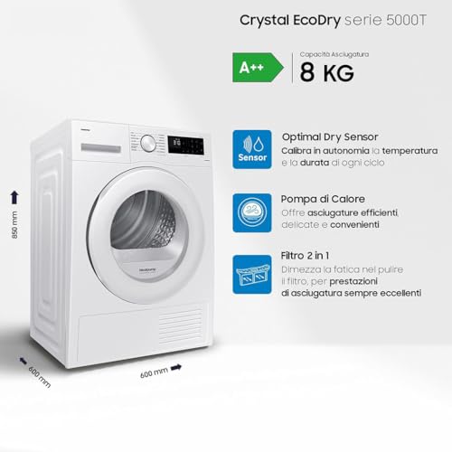 Samsung Asciugatrice Crystal EcoDry DV80CGC0B0TE/ET, 8 kg, Pompa di Calore, Wifi, Sensore Optimal Dry, Filtro 2 in 1, Carica Frontale, 60L x 85H x 60P cm - Prova pratica