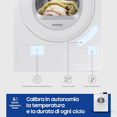 Samsung Asciugatrice Crystal EcoDry DV80CGC0B0TE/ET, 8 kg, Pompa di Calore, Wifi, Sensore Optimal Dry, Filtro 2 in 1, Carica Frontale, 60L x 85H x 60P cm - Funzionalità e accessori