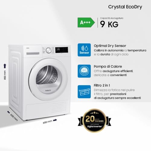 Samsung Asciugatrice Crystal EcoDry DV90DG52A0TE, 9 kg, Wifi, Pompa di Calore, Optimal Dry Sensor, Display Led, Filtro 2 in 1, Carica Frontale, 60l x 85h x 60p cm - Prova pratica